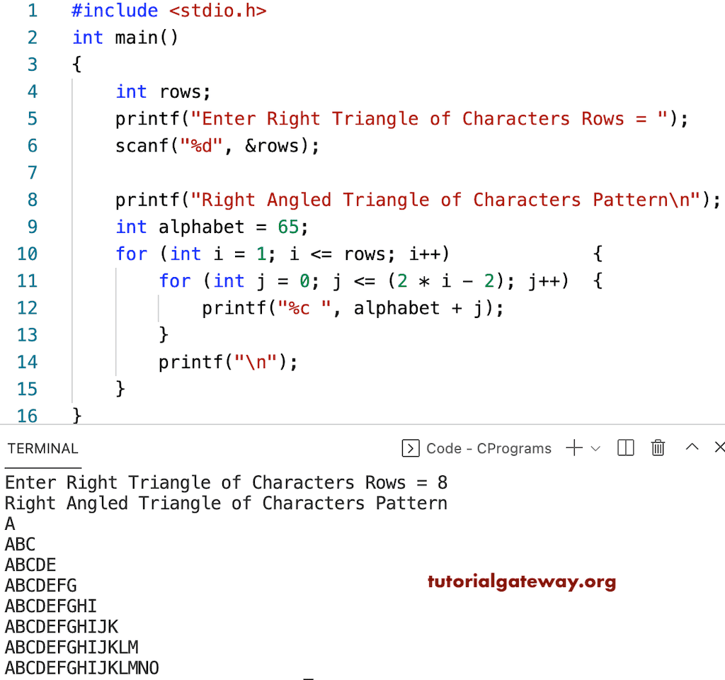 C Program to Print Right Triangle Characters Pattern