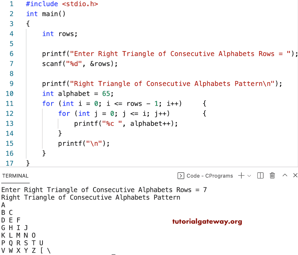 C Program to Print Right Triangle of Consecutive Alphabets Pattern
