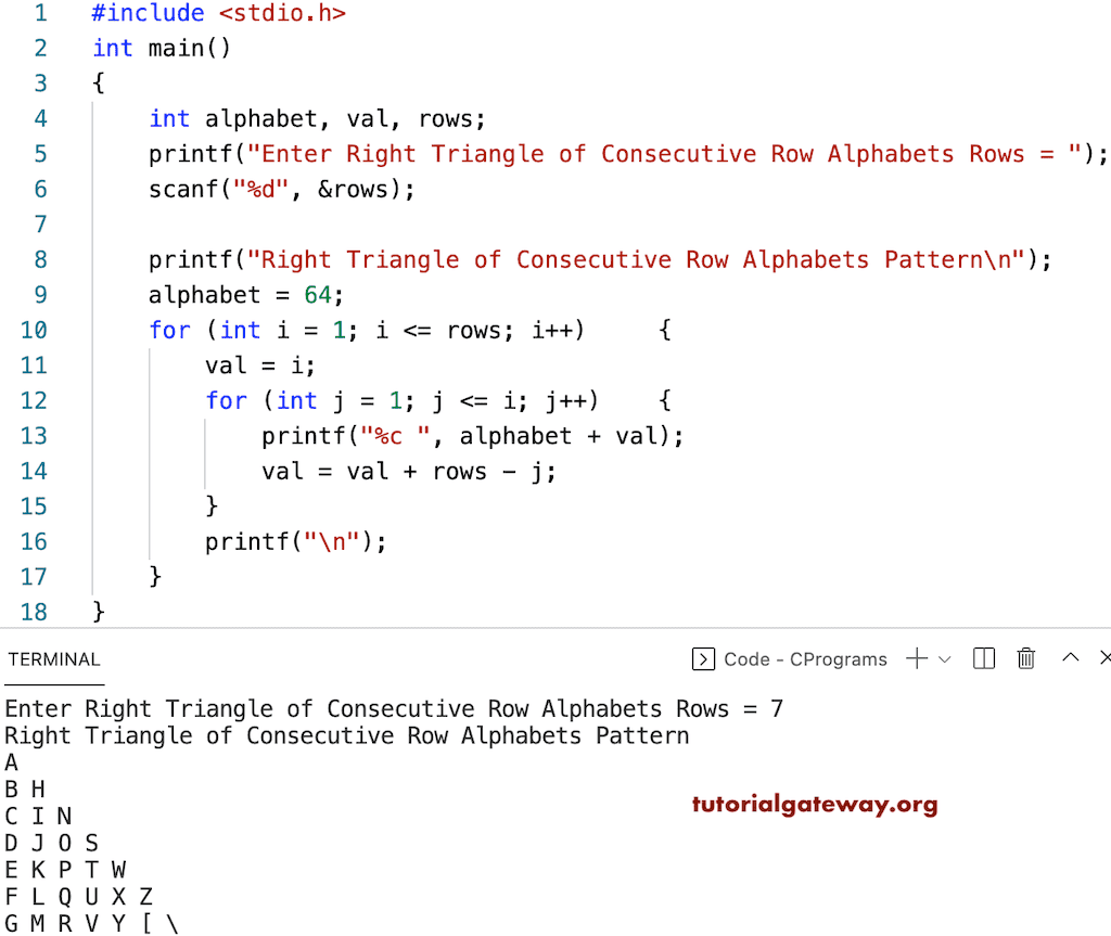 C Program to Print Right Triangle of Consecutive Row Alphabets Pattern