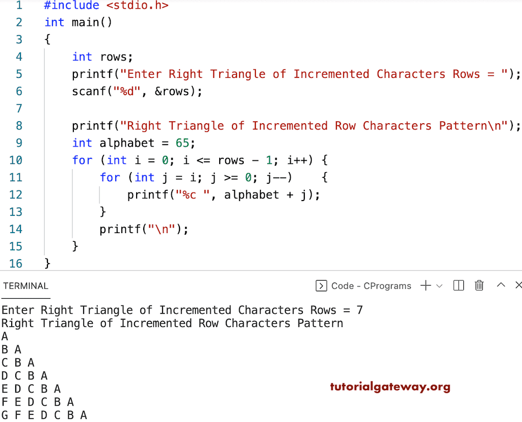 C Program to Print Right Triangle of Incremental Alphabets Pattern
