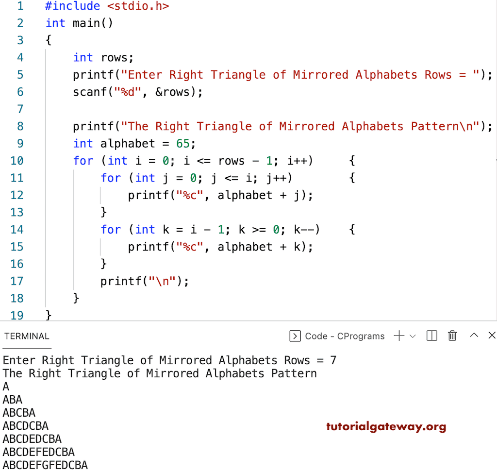 C Program to Print Right Triangle of Mirrored Alphabets Pattern