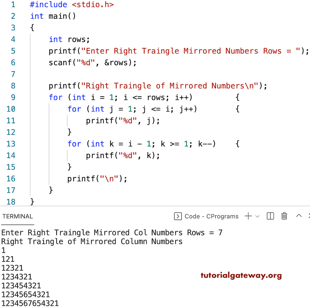 C Program to Print Right Triangle of Mirrored Numbers Pattern