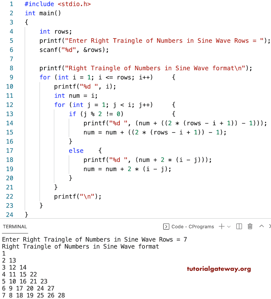 C Program to Print Right Triangle of Numbers in Sine Wave Pattern
