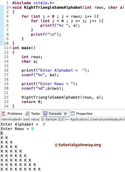 C Program to Print Right Triangle of Same Alphabet
