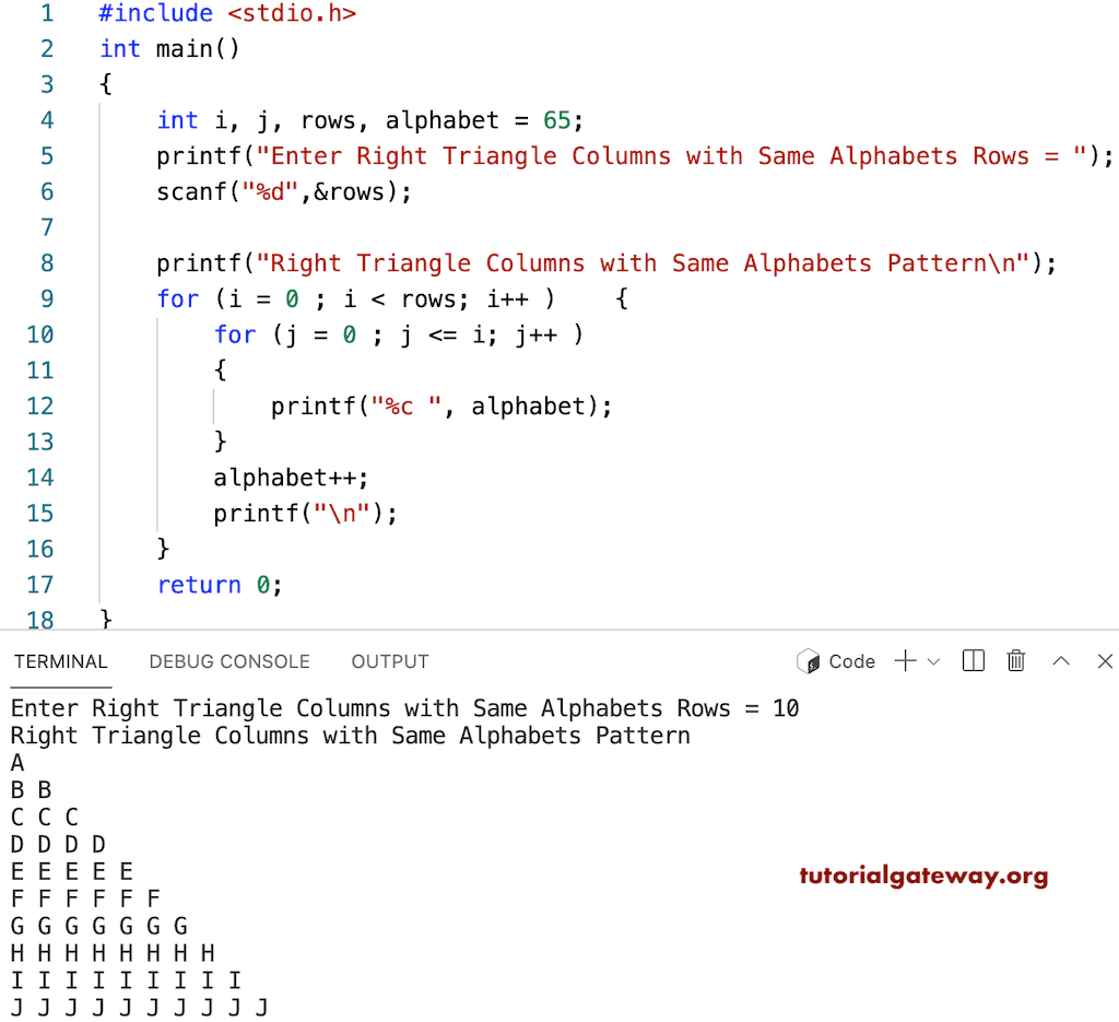 C Program to Print Same Alphabet in each Right Triangle Column