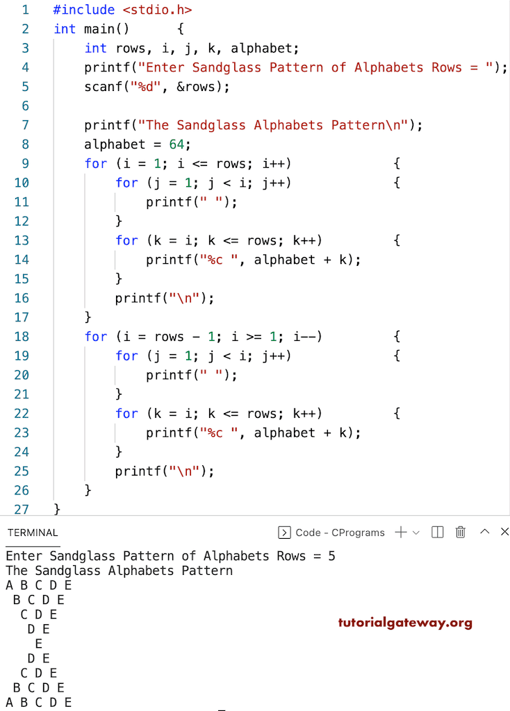 C Program to Print Sandglass Alphabets Pattern