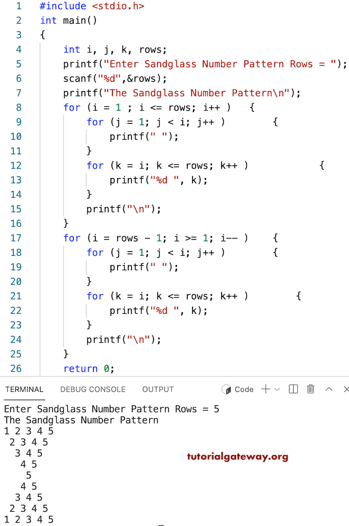 C program to Print Sandglass Number Pattern