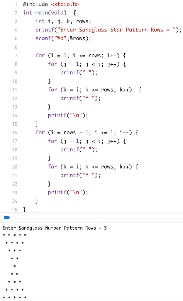 C Program to Print Sandglass Star Pattern