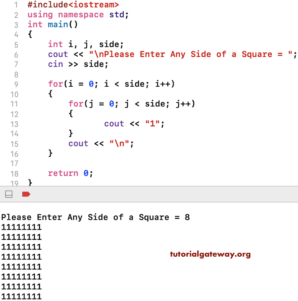 C++ Program to Print Square Number Pattern