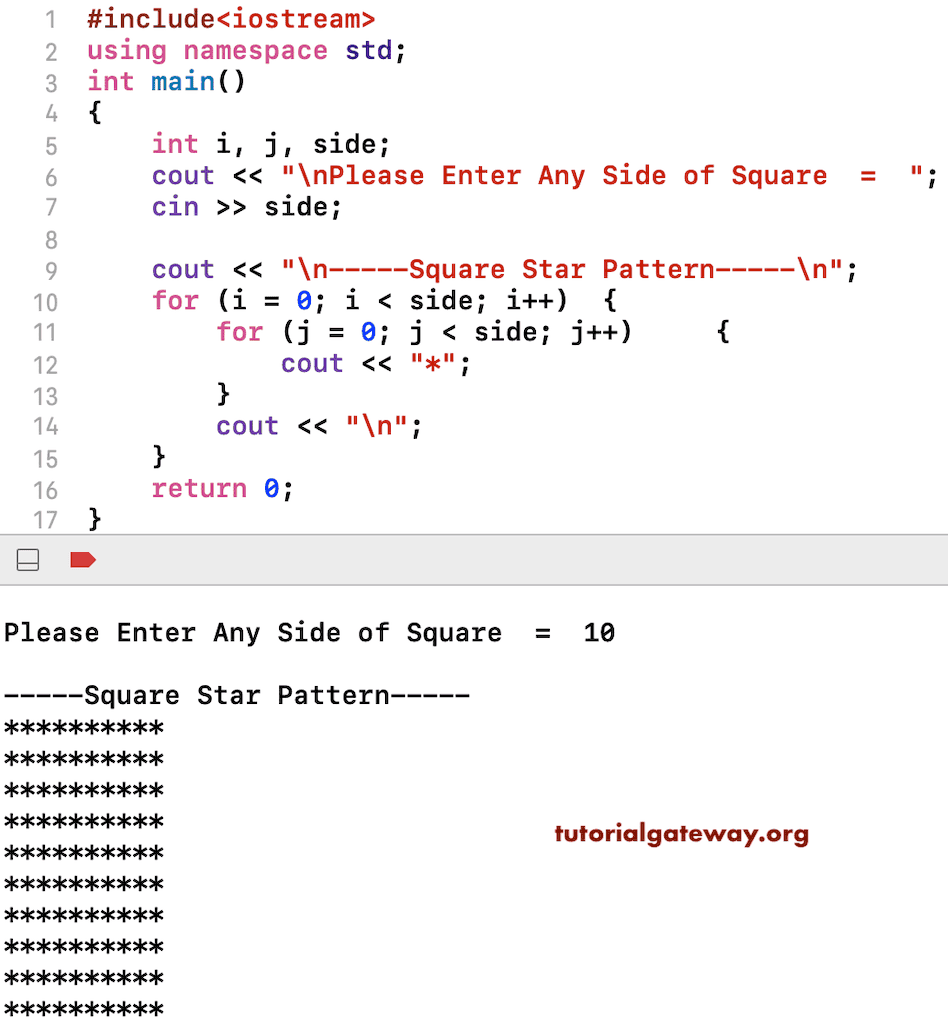 C++ Program to Print Square Star Pattern