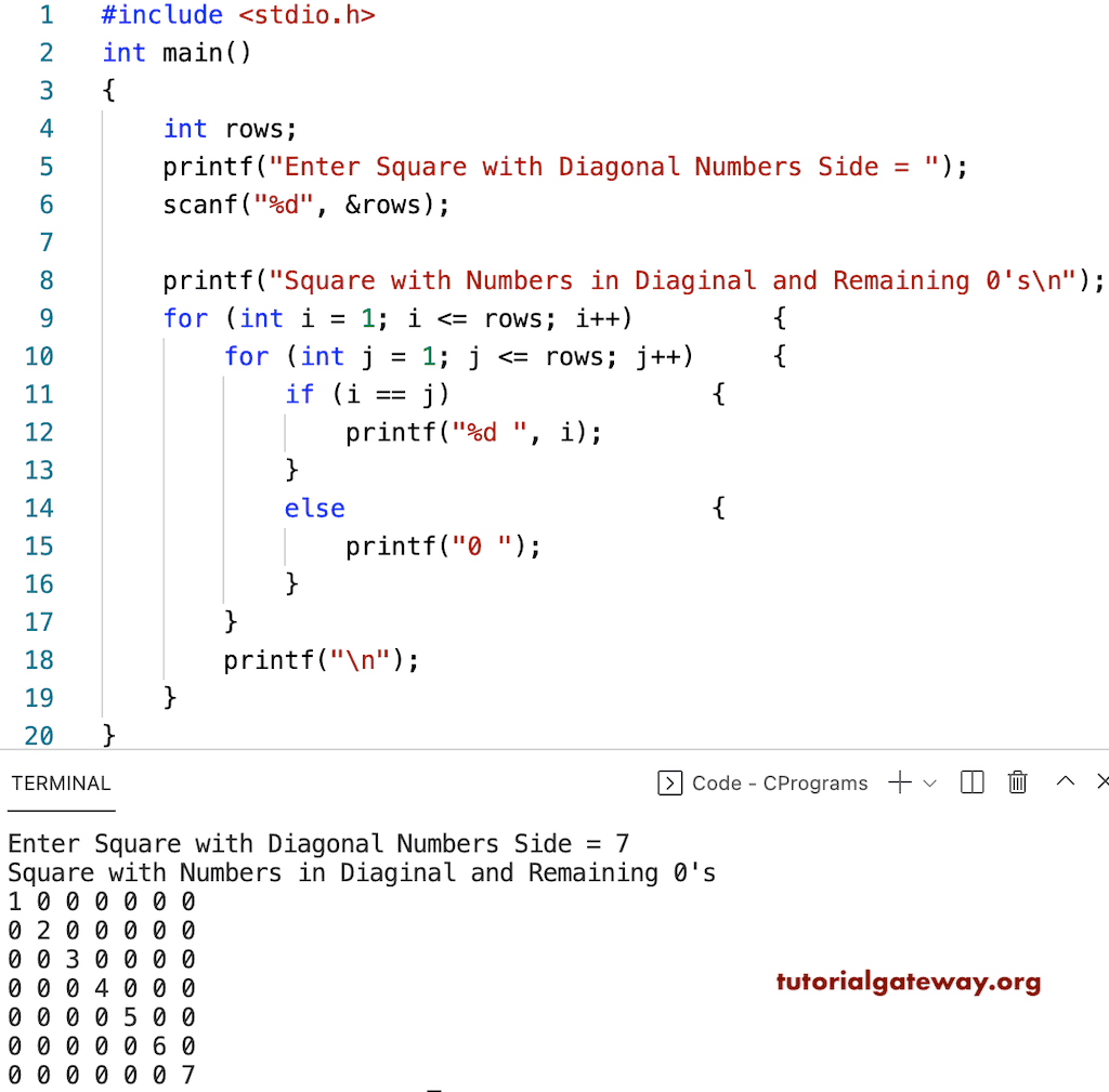 C Program to Print Square With Diagonal Numbers Pattern