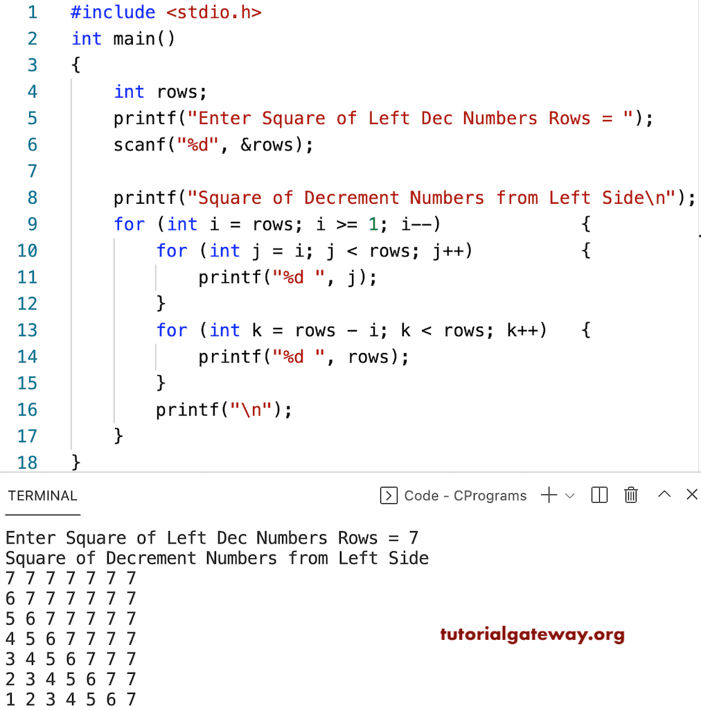 C Program to Print Square of Left Decrement Numbers Pattern