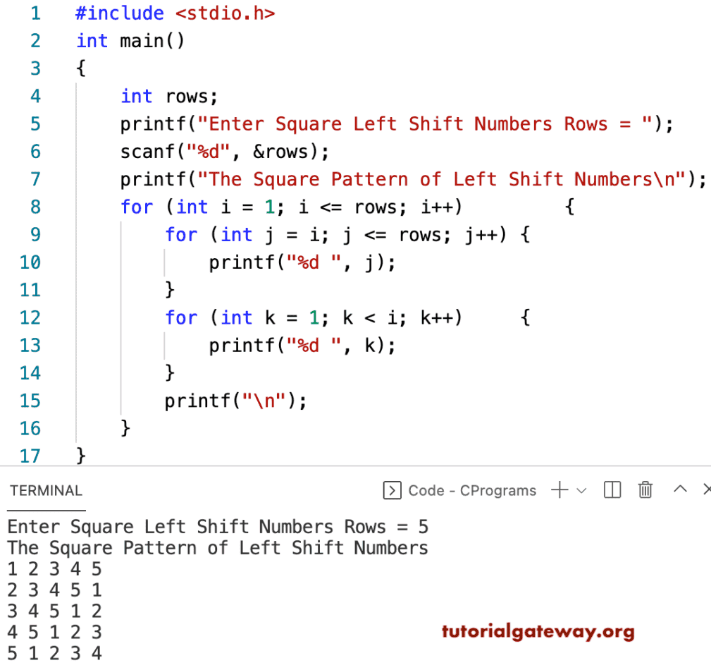 C Program to Print Square of Left Shift Numbers Pattern