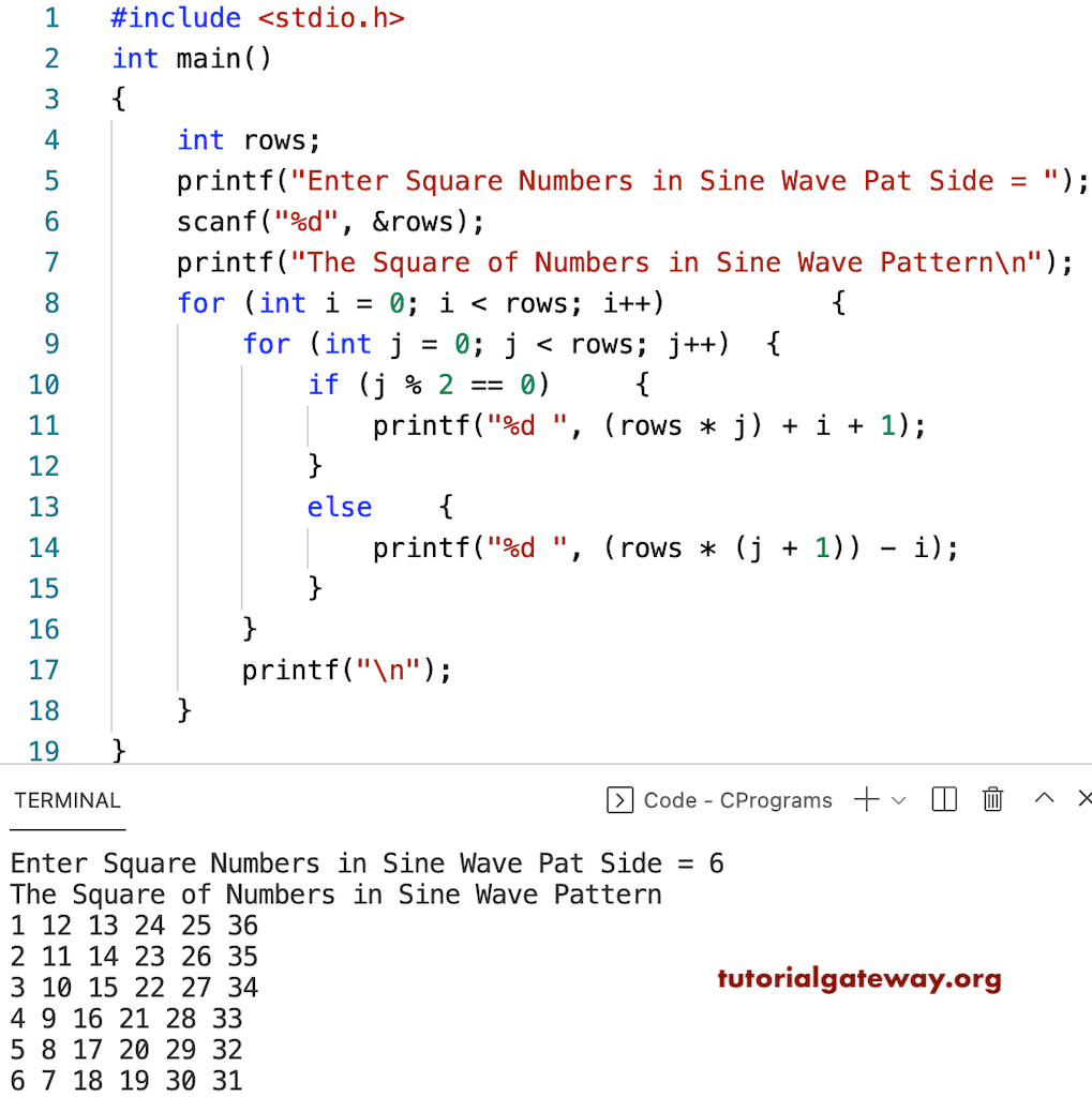 C Program to Print Square of Numbers in Sine Wave Pattern