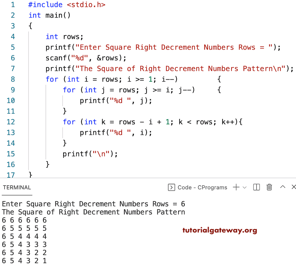 C Program to Print Square of Right Decrement Numbers Pattern