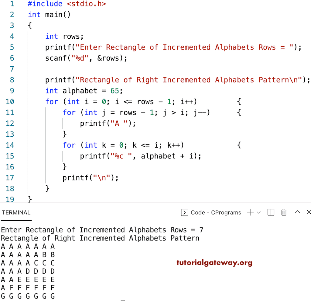 C Program to Print Square of Right Increment Alphabets Pattern