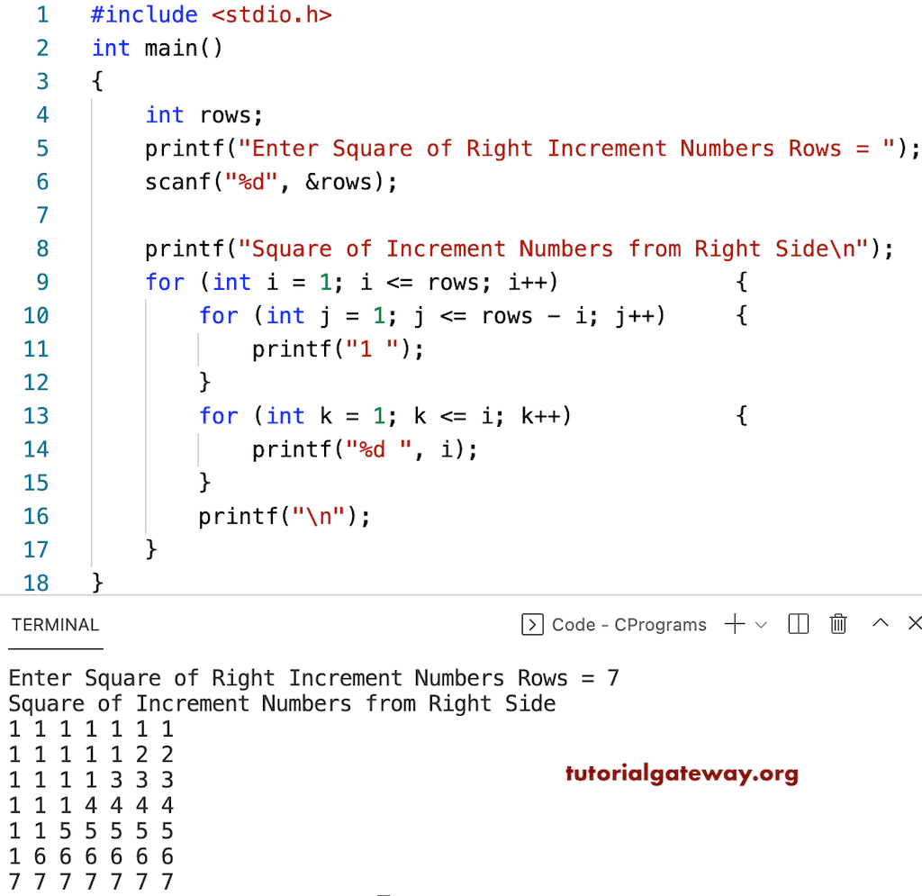 C Program to Print Square of Right Increment Numbers Pattern