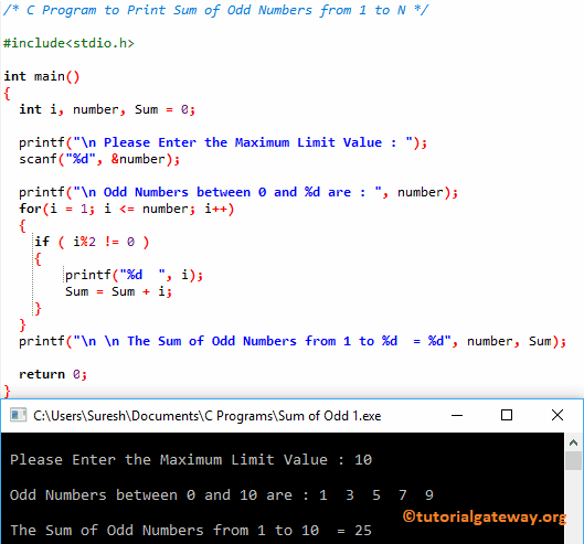 C Program to Print Sum of Odd Numbers from 1 to N 1