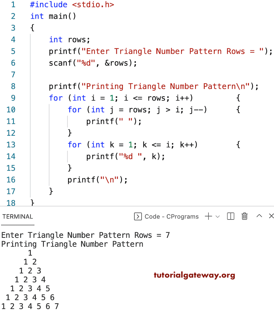 C Program to Print Triangle Numbers Pattern