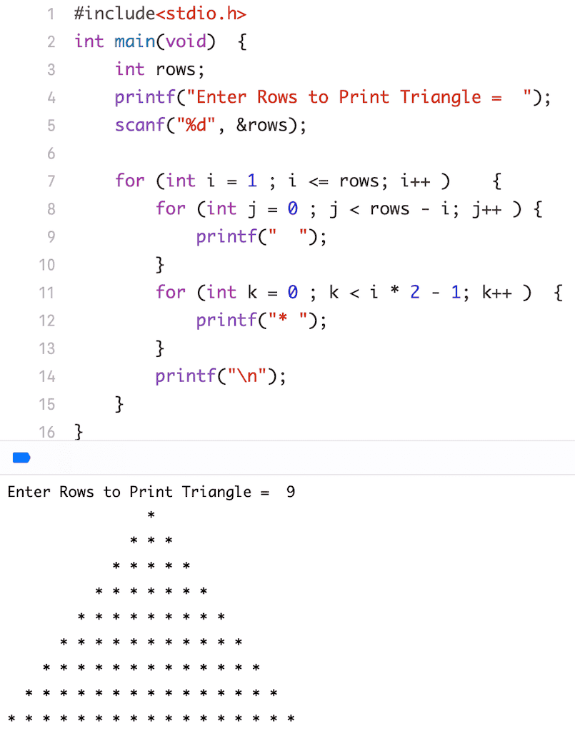 C Program to Print Triangle Star Pattern