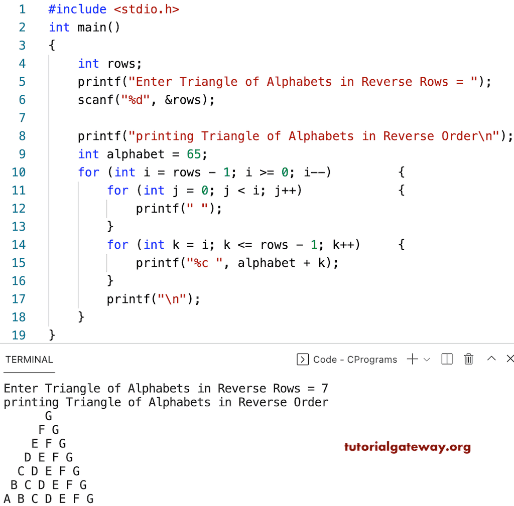 C Program to Print Triangle of Alphabets in Reverse Pattern