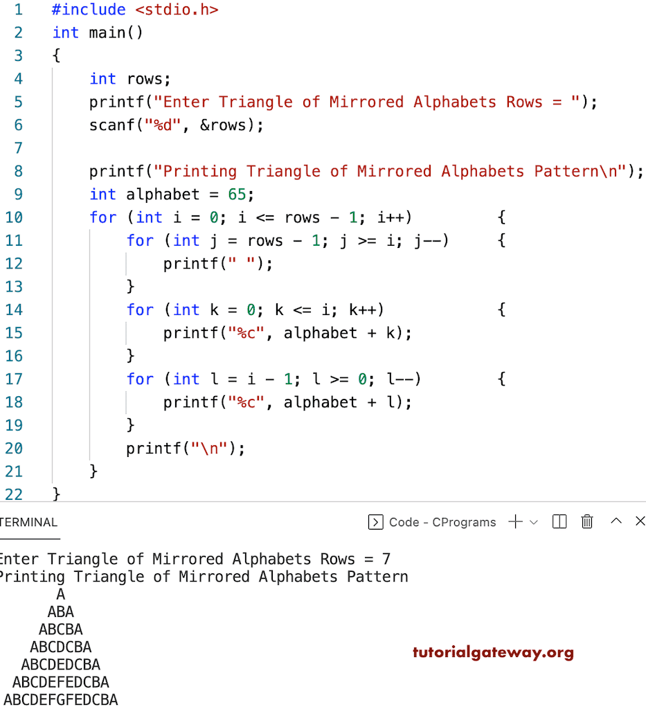 C Program to Print Triangle of Mirrored Alphabets Pattern