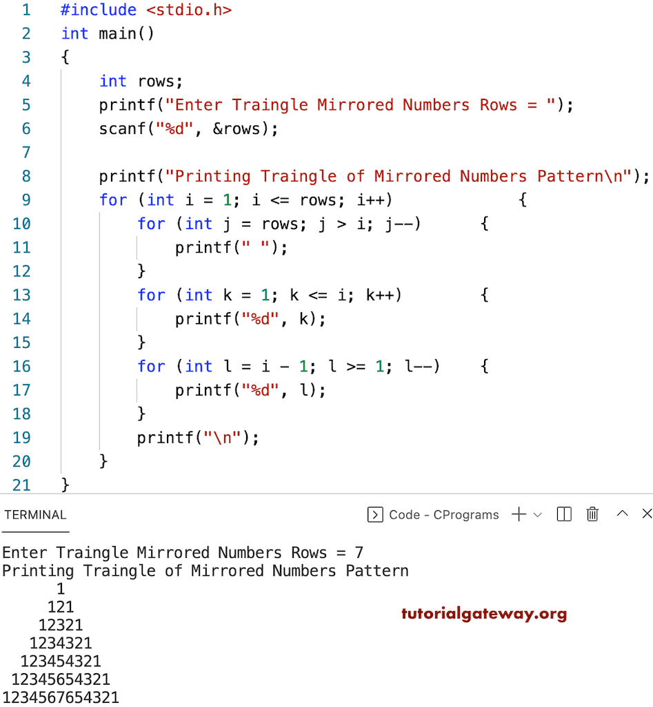 C Program to Print Triangle of Mirrored Numbers Pattern