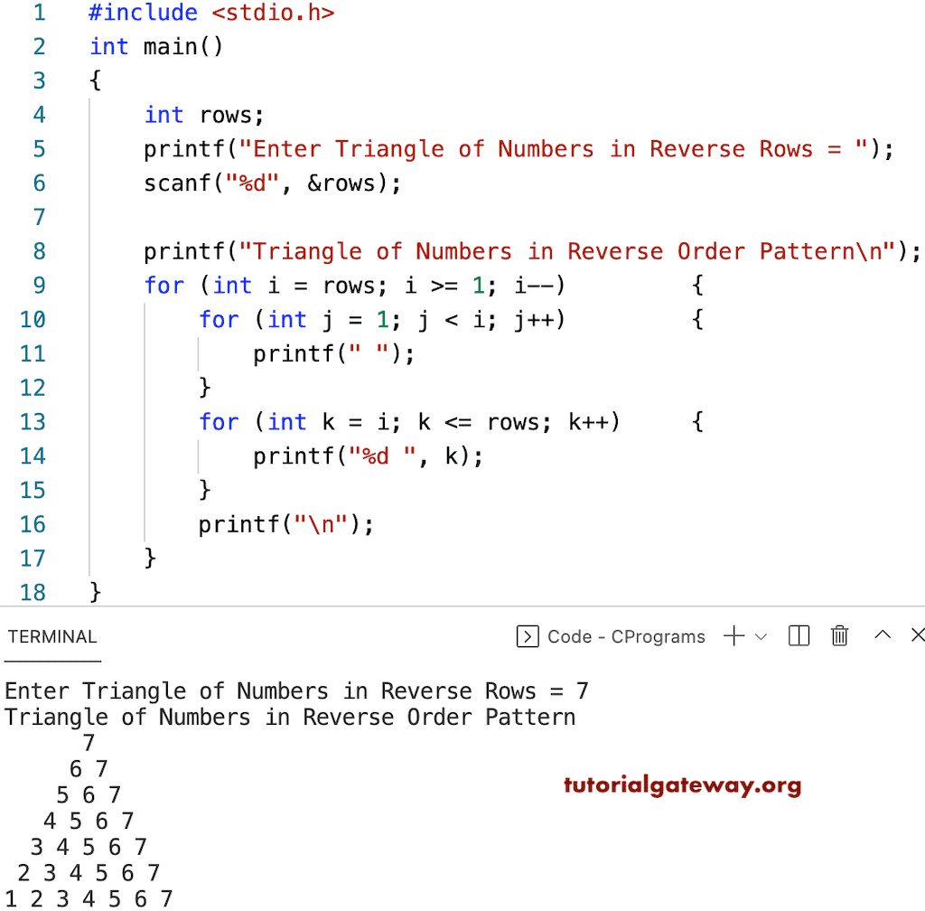 Program to Print Triangle of Numbers in Reverse Pattern