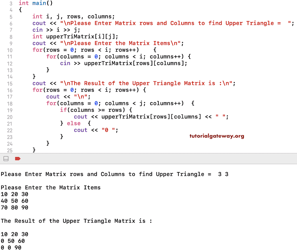 C++ Program to Print Upper Triangle of a Matrix