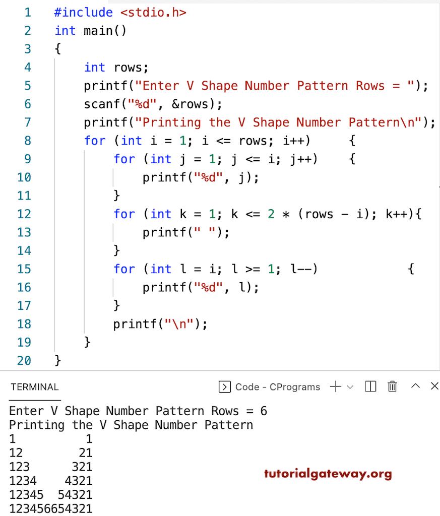 C Program to Print V Numbers Pattern