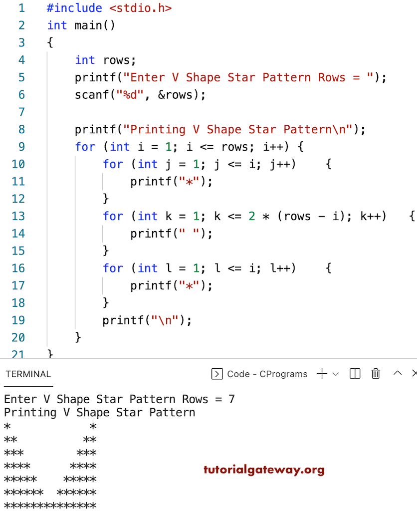 C Program to Print V Star Pattern