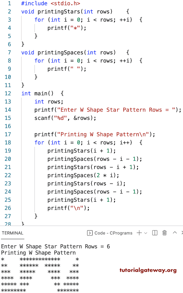 C Program to Print W Star Pattern