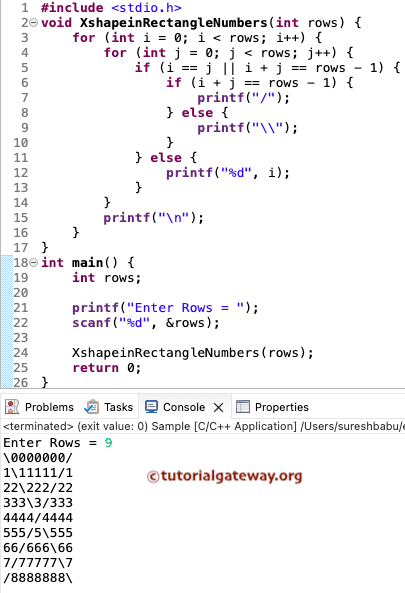 C Program to Print X inside a Rectangle Number Pattern