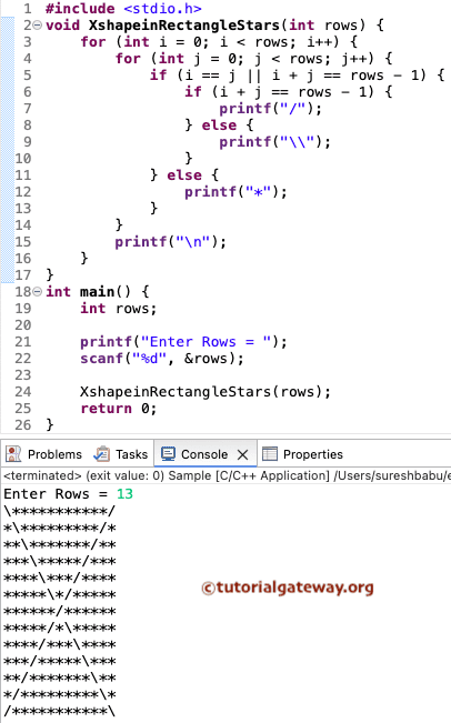 C Program to Print X inside a Rectangle Star Pattern