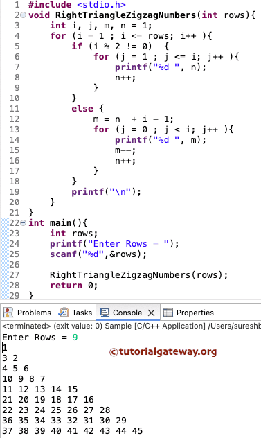 C Program to Print Zigzag Numbers in Right Triangle