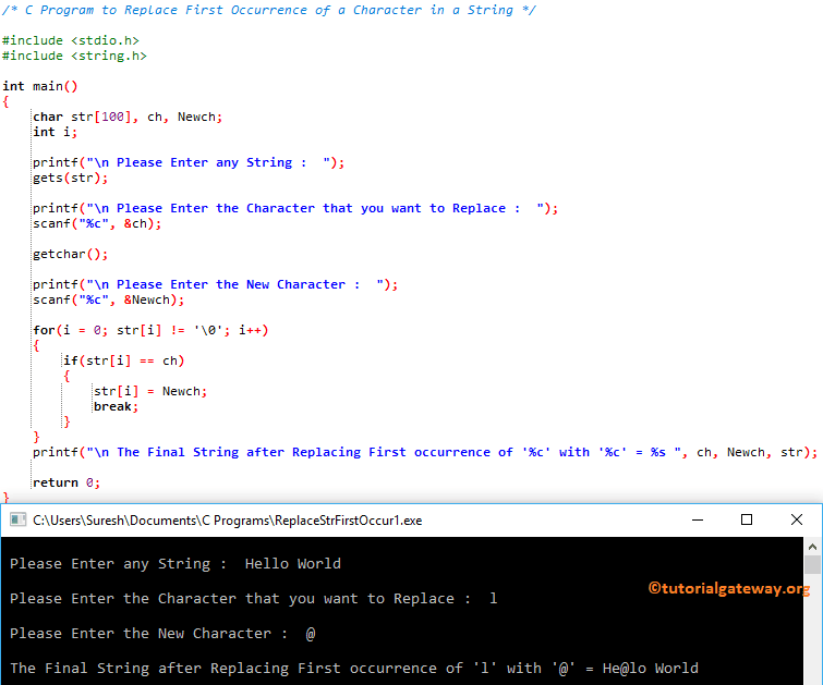 C Program to Replace First Occurrence of a Character in a String 1