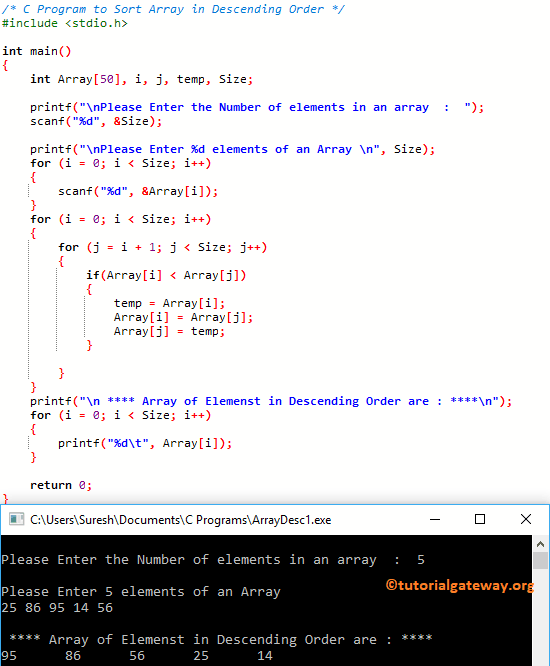 C Program to Sort Array in Descending Order 1