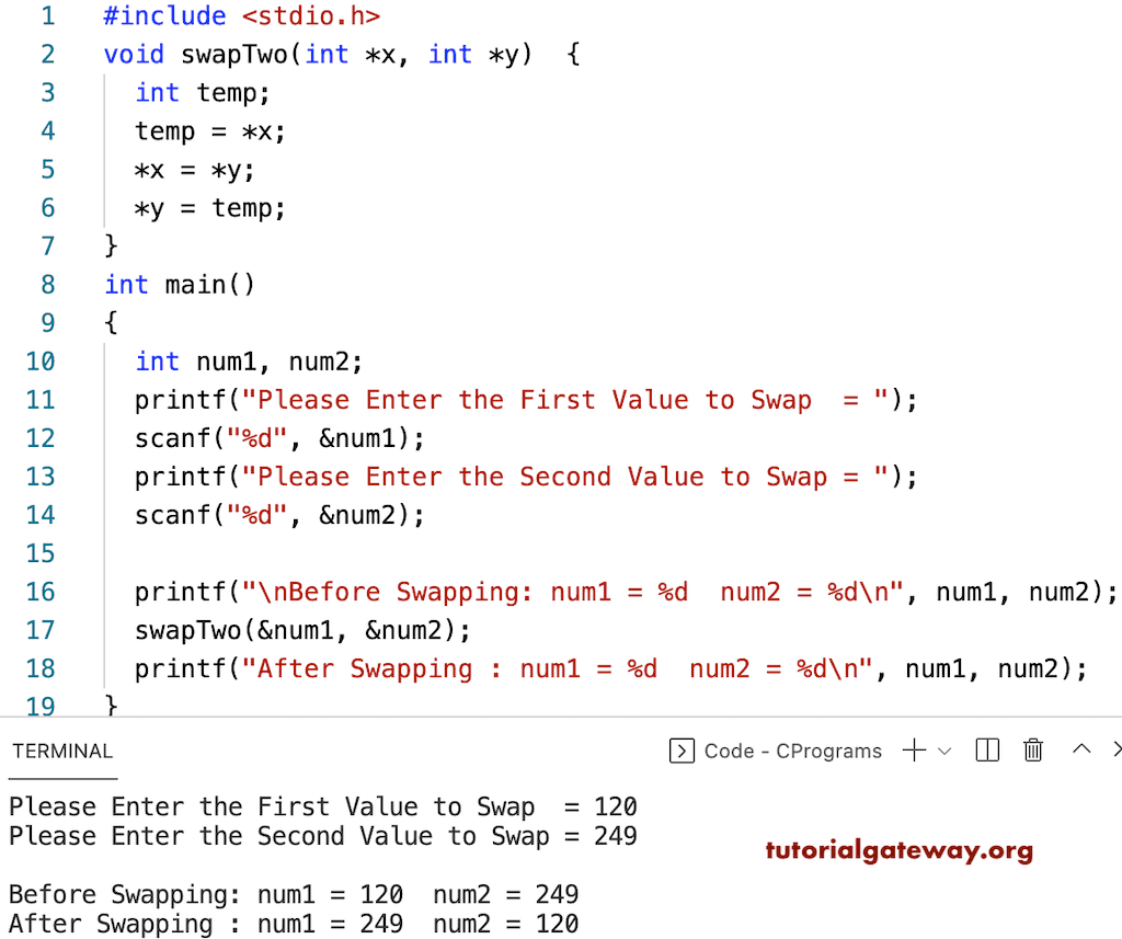 Program to Swap Two Numbers using Pointer