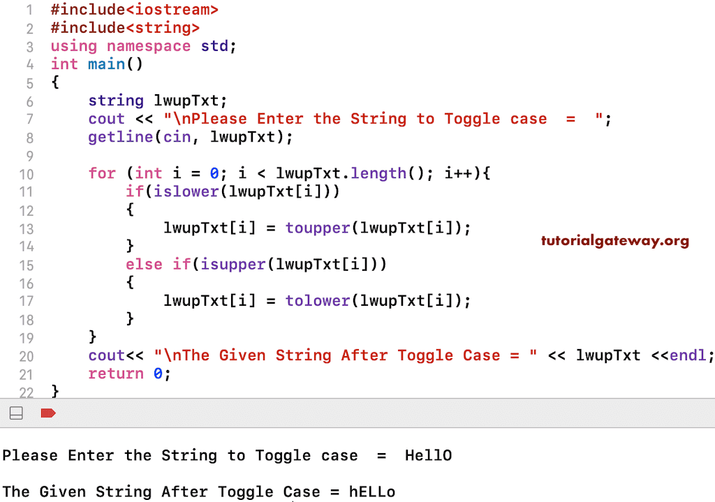 C++ Program to Toggle Character Cases in a String