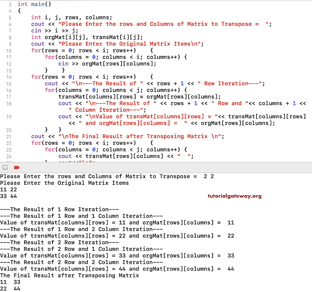 Program to Transpose a Matrix using for loop Example