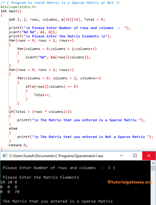 C Program to check Matrix is a Sparse Matrix or Not 1