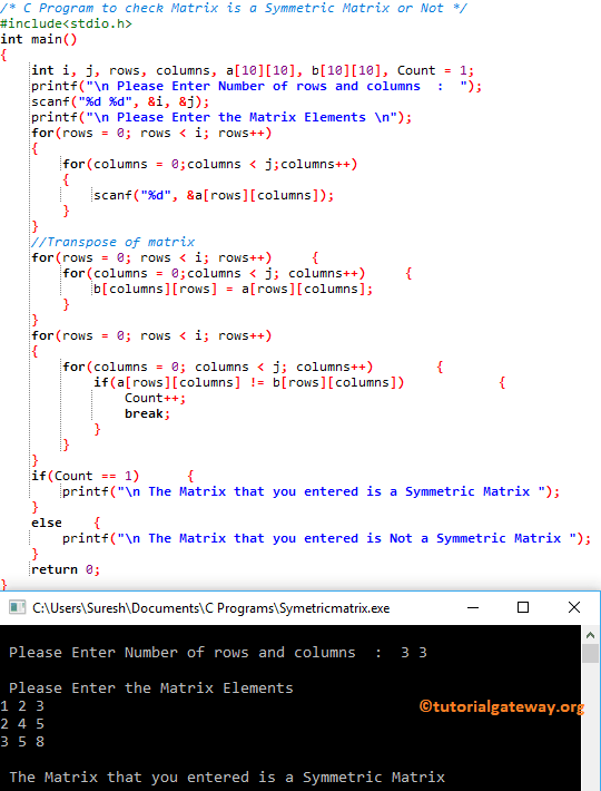 C Program to check Matrix is a Symmetric Matrix or Not 2