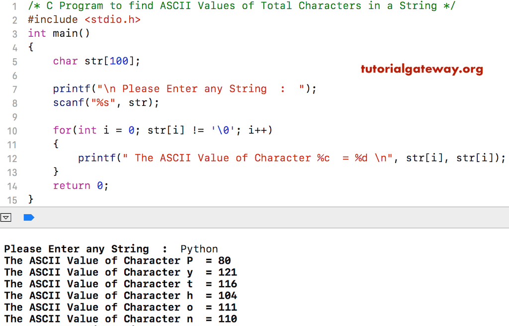 Program to find ASCII Value of Total Characters in a String