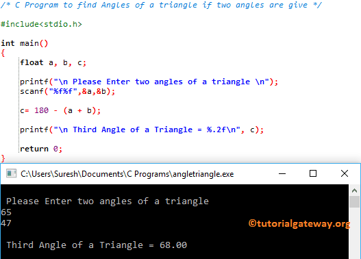 Program to find Angles of a triangle if two angles are given