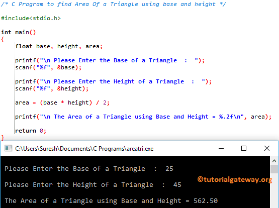 Program to find Area Of a Triangle using base and height