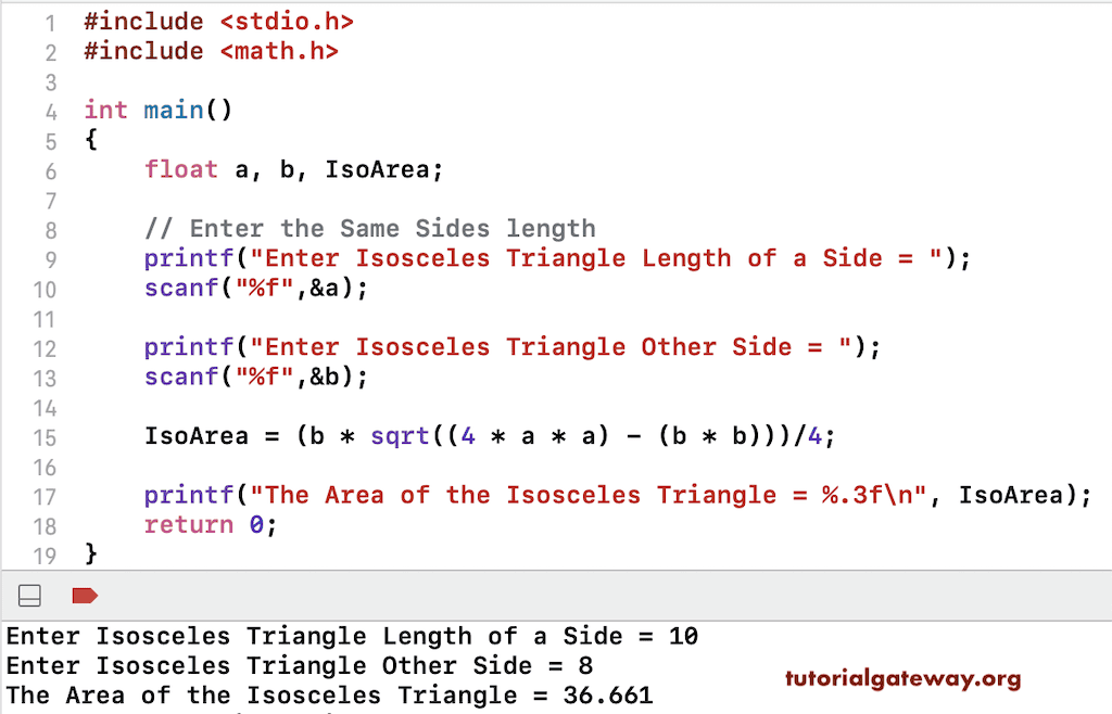 C Program to find Area of a Isosceles Triangle