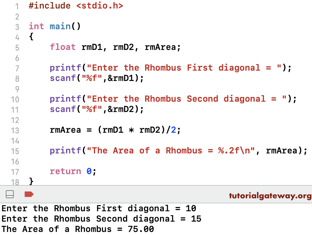 C Program to find Area of a Rhombus