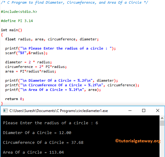 Program to find Diameter, Circumference, and Area Of a Circle 1