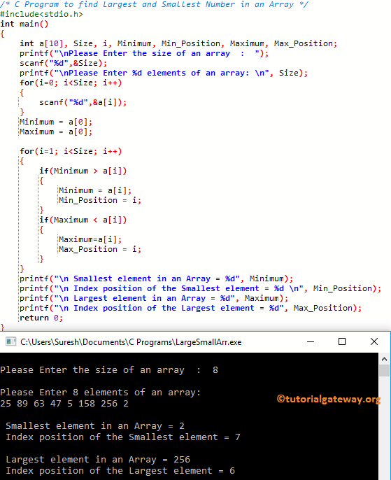 C Program to find Largest and Smallest Number in an Array 1