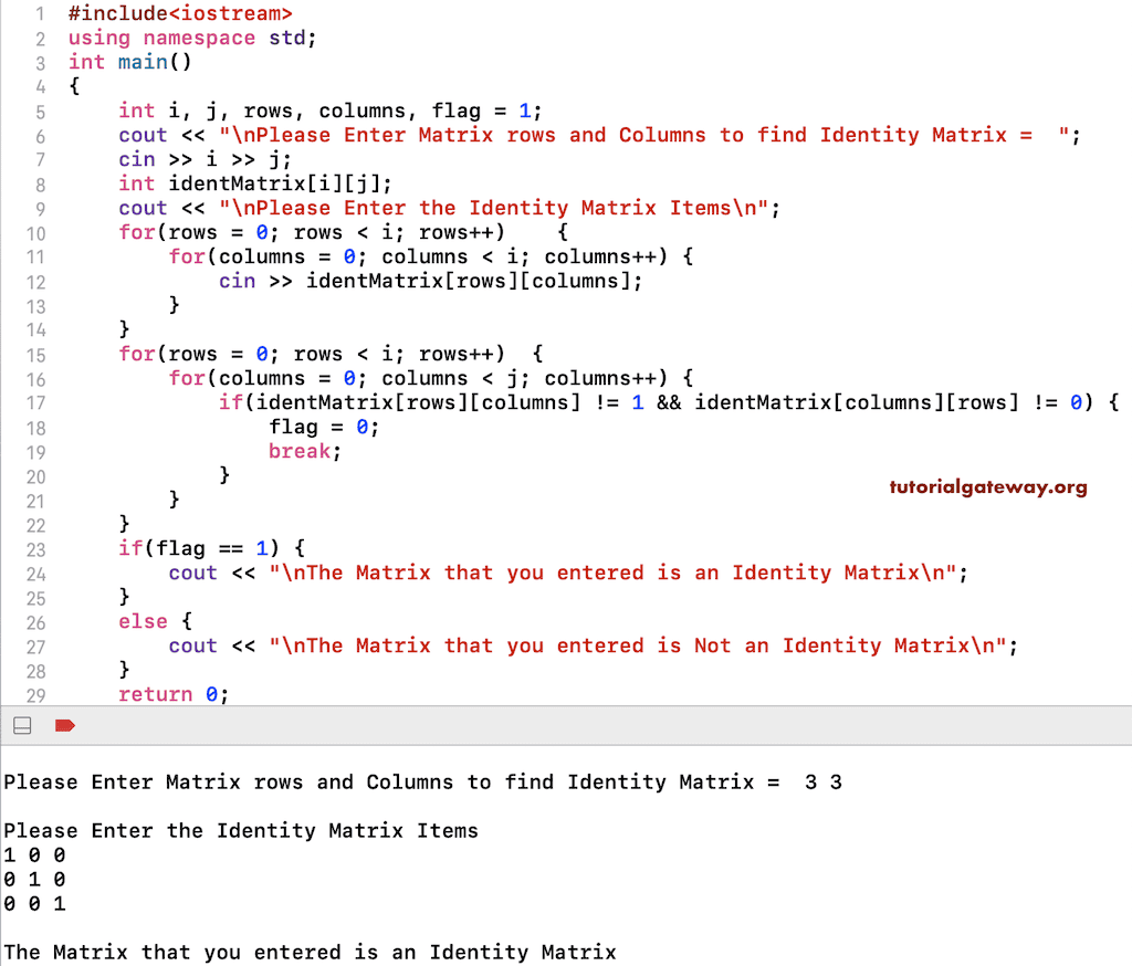 C++ Program to find Matrix is an Identity Matrix
